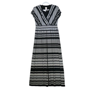 Chicos Maxi Dress Womens Size 1 Small Black White Faux Wrap Stretch Slinky